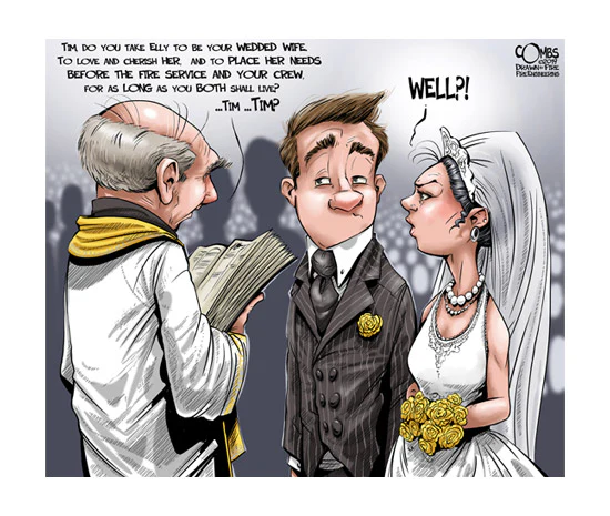 cartoon of a man and woman in a wedding dress and a priest looking at each other